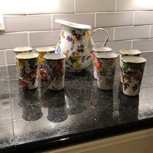 Mackenzie-Childs Pitcher Flower Market Enamelware and 4 matching tumbler.